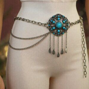 Women Silver Metal Chain Belt Turquoise Blue Beads Ethnic Flower Charm XS S M